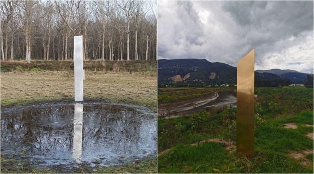 The monolith in Netherlands (L) resembled others in US and Europe, one seen in Colombia was golden in colour. (Source: @marijn_2004, @andven19/Twitter)