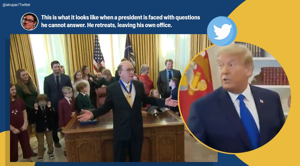 Donald trump, Dan Gable, Dan Gable medal of freedom, trump walk out Dan Gable ceremony, Dan Gable trump medal ceremony, viral news, indian express