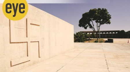 The wall of the Martyrs’ Monument with the symbol of wheel; with the symbol of Swastika. (Photo: Chandigarh administration)