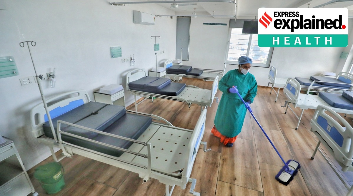 Unoccupied beds at a Covid care centre in Ahmedabad. (Express Photo: Nirmal Harindran)