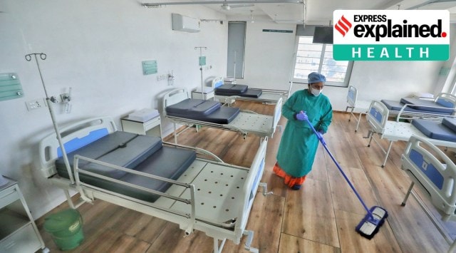 Unoccupied beds at a Covid care centre in Ahmedabad. (Express Photo: Nirmal Harindran)