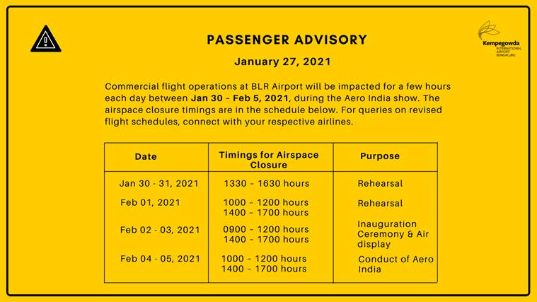 Bengaluru International Airport, Aero India show, Bengaluru Airport to be partially shut, Bangalore news, Indian express