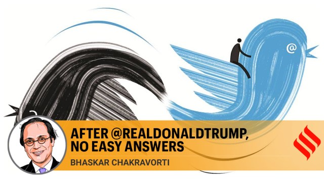 Trump’s real Twitter handle, @realDonaldTrump, with which he ruled for four long years, had to be silenced after 59,558 tweets. (Illustration by C R Sasikumar)