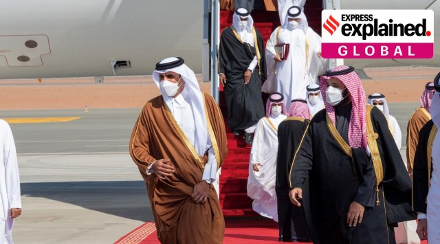 Saudi Crown Prince Mohammed bin Salman welcomes Qatar’s Emir Sheikh Tamim bin Hamad al-Thani in al-Ula on Tuesday. Saudi (TV grab via Reuters)