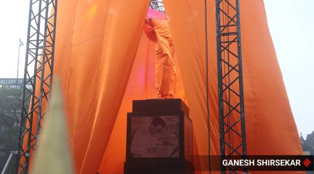 The statue of Bal Thackeray which is to be unveiled at the site. (Express photo by Ganesh Shirsekar)