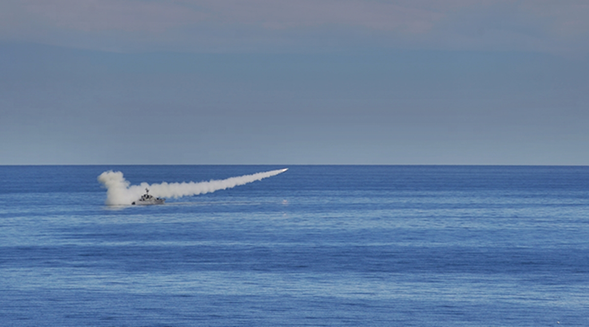 In this image released Thursday, Jan. 14, 2021, by the Iranian Army, a missile is launched from a warship during a naval drill. Iran fired cruise missiles Thursday as part of the drill in the Gulf of Oman, state media reported, amid heightened tensions with the U.S. (Iranian Army via AP)
