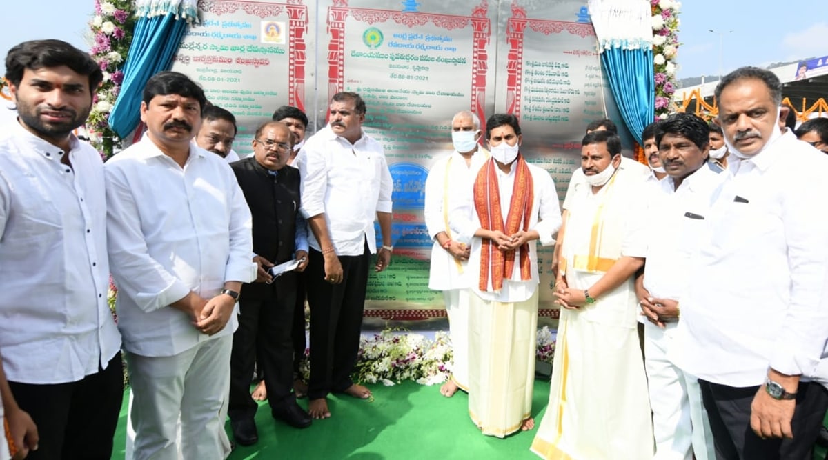 Andhra Pradesh CM during the foundation stone laying ceremony for the reconstruction of 9 temples on the banks of Krishna river. (Twitter/AndhraPradeshCM)