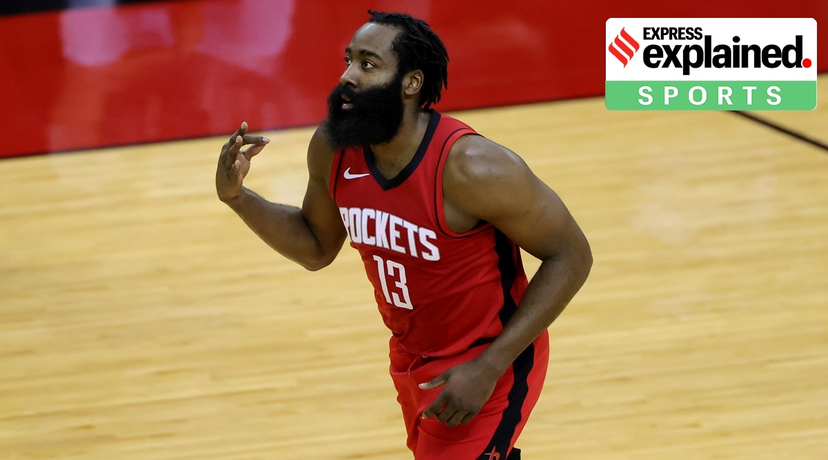 FILE PHOTO: Jan 10, 2021; Houston, Texas, USA; James Harden #13 of the Houston Rockets reacts to a basket during the first quarter of a game against the Los Angeles Lakers at Toyota Center on January 10, 2021 in Houston, Texas.   Mandatory Credit: Carmen Mandato/Pool Photo-USA TODAY Sports/File Photo