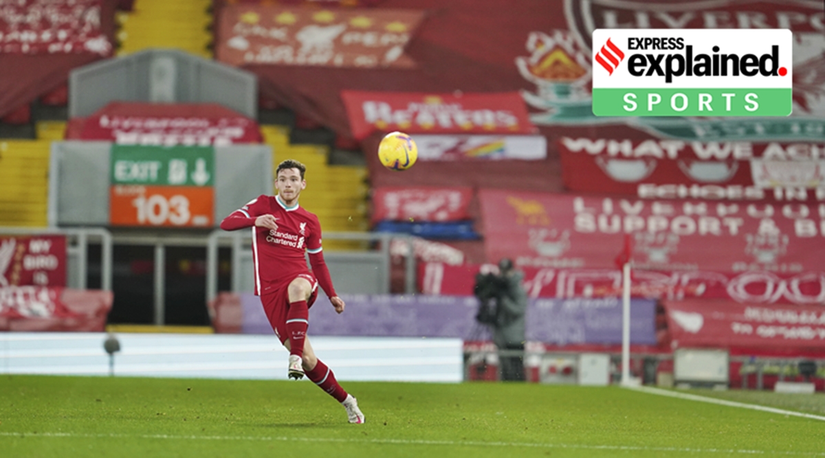 Liverpool's Andrew Robertson shoots the ball during the English Premier League soccer match between Liverpool and Burnley in Liverpool, England, Thursday, Jan. 21, 2021. (AP Photo)


