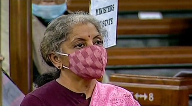 Union Finance Minister Nirmala Sitharaman at Lok Sabha during the Budget Session of the Parliament, in New Delhi, Friday, Jan. 29, 2021. (LSTV/PTI)