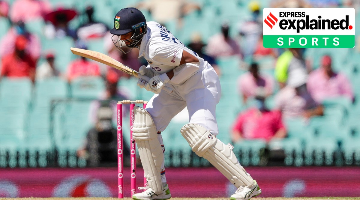 India's Cheteshwar Pujara avoids a bouncer during play on day three of the third cricket test between India and Australia at the Sydney Cricket Ground, Sydney, Australia, Saturday, Jan. 9, 2021. (AP Photo: Rick Rycroft)