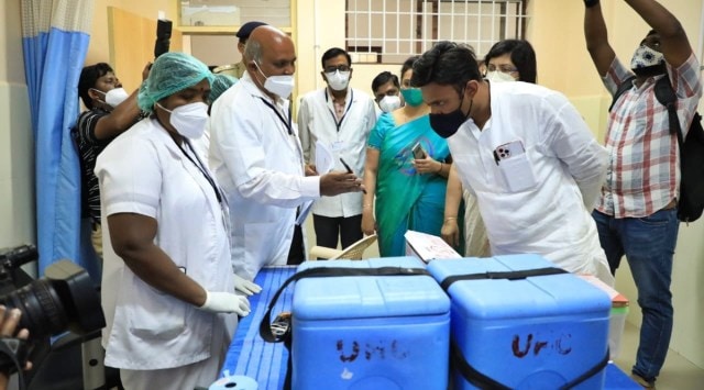 Karnataka Minister for Health Dr K Sudhakar while inspecting the second dry run for vaccination against Covid-19. (Twitter/mla_sudhakar)