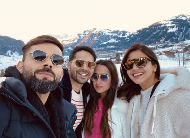 varun dhawan and natasha dalal with anushak sharma and virat kohli