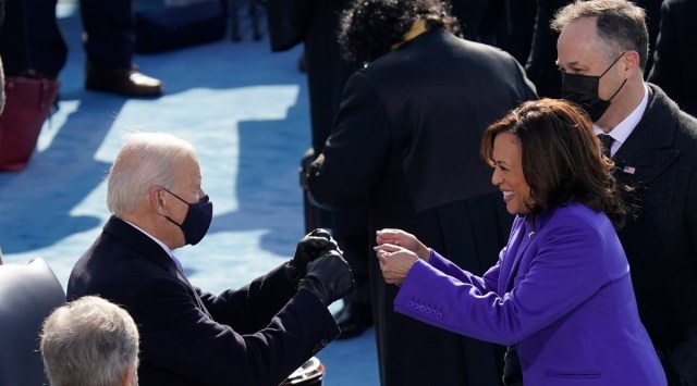 President-elect Joe Biden congratulates Vice President Kamala Harris after she was sworn in during the 59th Presidential Inauguration at the U.S. Capitol in Washington, Wednesday, Jan. 20, 2021. (AP Photo/Carolyn Kaster)