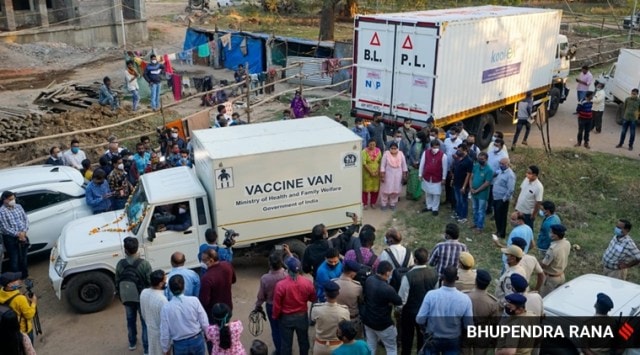 A deep freezer van carrying the Covid-19 vaccine vials arrives in Vadodara. 