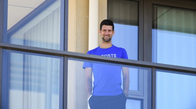 Novak Djokovic is seen on a hotel balcony during his quarantine before the start of the Australian Open. (File)