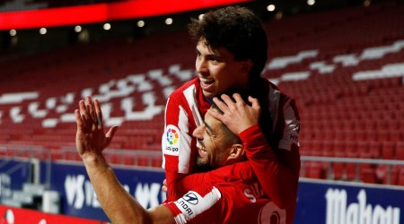 Atletico Madrid's Luis Suarez celebrates scoring their second goal with Joao Felix (Source: Reuters)