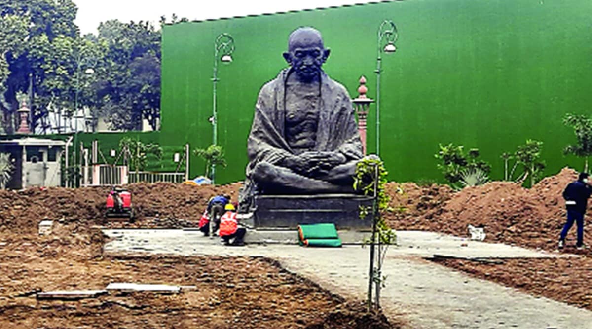 Parliament, new parliament building, central vista, gandhi parliament statue, indian express news