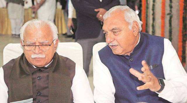 Chief Minister, Manohar Lal Khattar and Leader of Opposition Bhupinder Singh Hooda in Haryana Assembly. (Express File photo by Jasbir Malhi)