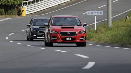 Prototype Subaru Levorg vehicles equipped with the company's EyeSight driving support system are driven during a test drive in 2017. (Image source: Bloomberg)