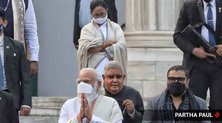 PM Modi along with Bengal CM Mamata Banerjee and Governor Jagdeep Dhankhar at Victoria Memorial on Saturday.