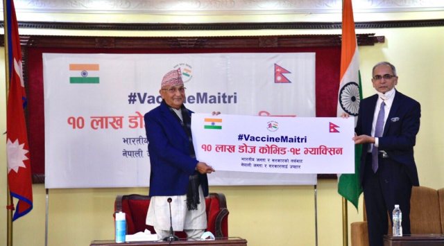 Indian Ambassador to Nepal Vinay Mohan Kwatra handed over the vaccine consignment to Prime Minister K P Sharma Oli during a function at the Prime Minister's residence at Baluwatar. (Twitter/@kpsharmaoli)