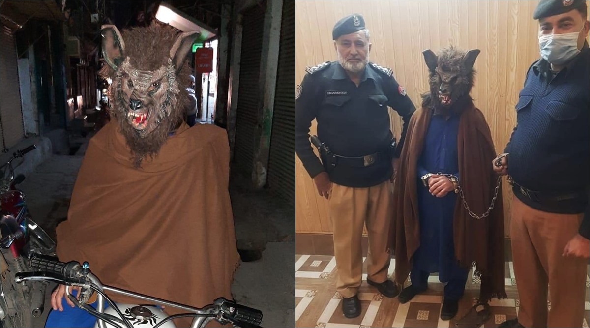 pakistan, pakistan wolf mas man arrested, peshawar wolf mask man arrested, pak police arrest wolf mask man, new year wolfman arrested, viral news, indian express, pakistan news