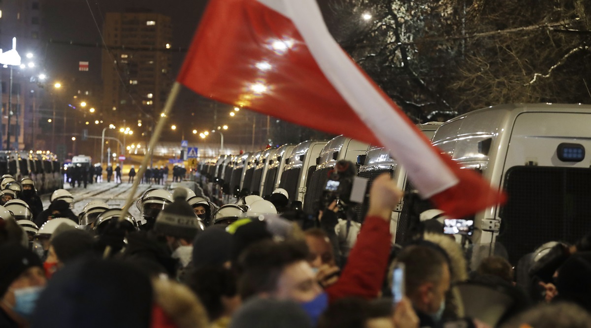 People protest against new anti-abortion laws in Warsaw, Poland, Friday, Jan. 29, 2021. (AP Photo/Czarek Sokolowski)