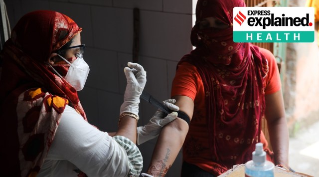 Health workers collect blood samples during a serological survey at a dispensary in Majnu Ka Tila in New Delhi. File/Express Photo by Abhinav Saha