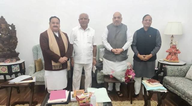 Home Minister Amit Shah with BJP chief JP Nadda, CM B S Yediyurappa and BJP Karnataka in-charge Arun Singh in Delhi, Sunday. (PTI)