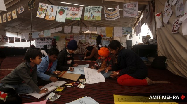 Punjab schools reopen, Punjab farmers protest, farmers protest site singhu, Punjab students at farmers protest, Singhu border protest children, India news, indian express