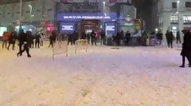 Madrid, Madrid snowfall, Madrid snowfight, spain, spain snowfall, Plaza de Callao Madrid, trending, indian express, indian express news