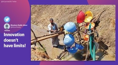 Karnataka, Karnataka farmer, Karnataka farmer creates watermill, Karnataka farmer makeshift watermill viral, trending, indian express, indian express news