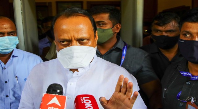 Deputy CM Ajit Pawar at Council Hall for the Covid review meeting on Sunday. (Express photo by Ashish Kale)
