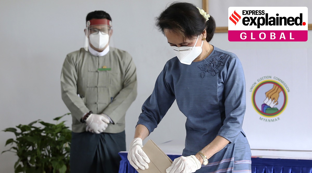 In this Oct. 29, 2020, file photo, Myanmar's leader Aung San Suu Kyi makes an early voting for upcoming Nov. 8 general election at Union Election Commission office in Naypyitaw, Myanmar.  (AP Photo/Aung Shine Oo, File)