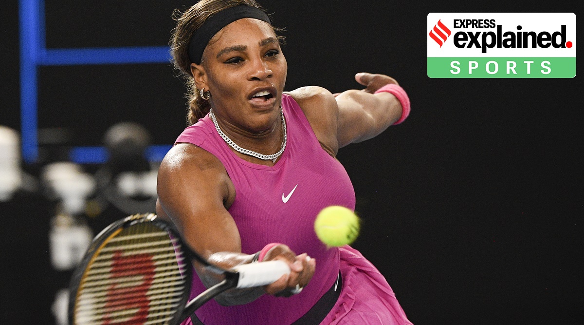United States' Serena Williams makes a forehand return to compatriot Danielle Collins during a tuneup event ahead of the Australian Open tennis championships in Melbourne, Australia, Friday, Feb. 5, 2021.(AP Photo/Andy Brownbill)