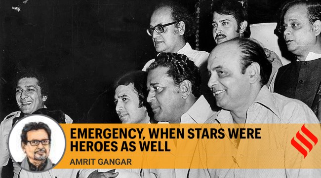 Dev Anand, Rajesh Khanna,Utpal Dutt and Rakesh Roshan, among others, in1979. Dev Anand, Dutt were among those who stood up to powers that be. (Express Archive)