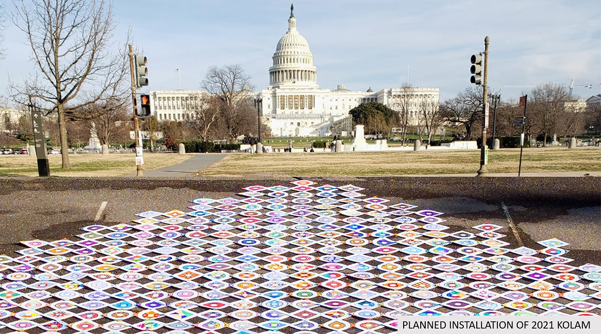 Shanthi Chandrasekar, Joe Biden, Joe Biden inauguration, Shanthi Chandrasekar Joe Biden inauguration, Shanthi Chandrasekar kolam art, Shanthi Chandrasekar kolam art joe biden, Shanthi Chandrasekar artist, Shanthi Chandrasekar inauaguration day, what are kolams, inauguration day kolams, inauguration day news, joe biden inauguration day, kamala harris, kamala harris news