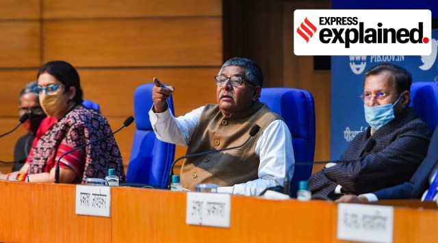 Union Ministers Ravi Shankar Prasad (C), Smriti Irani (L) and Prakash Javadekar during a press conference on cabinet decisions, in New Delhi, Wednesday, Feb. 17, 2021. (PTI Photo/ Shahbaz Khan)