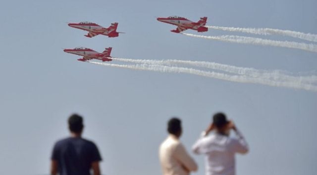Indian Air Force (IAF)'s acrobatic team, 'Suryakiran', performs a sortie ahead of the AERO INDIA 2021 show at Yelahanka Air Base in Bengaluru. (PTI)
