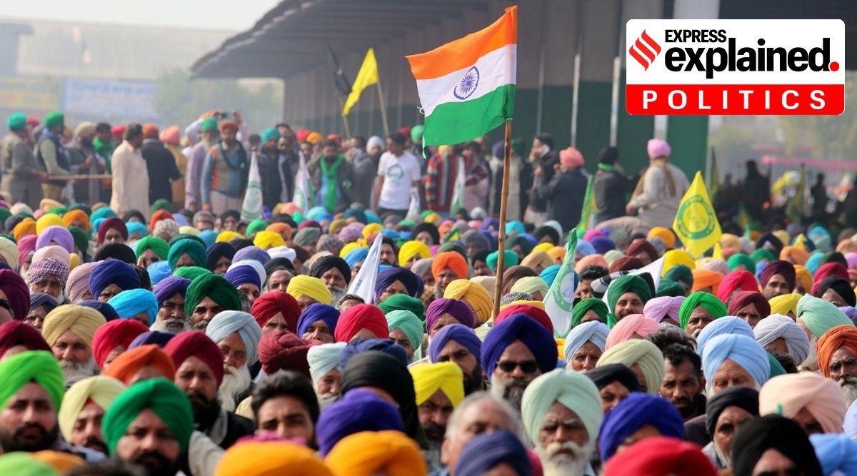 Farmers gathered during the Kisan Mahapanchayat at grain market at Jagraon near Ludhiana on Thursday. (Express Photo by Gurmeet Singh)