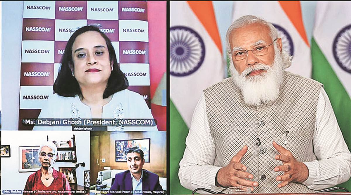 Prime Minister Narendra Modi addresses the Nasscom Technology and Leadership Forum via video. (Screengrab via PIB)
