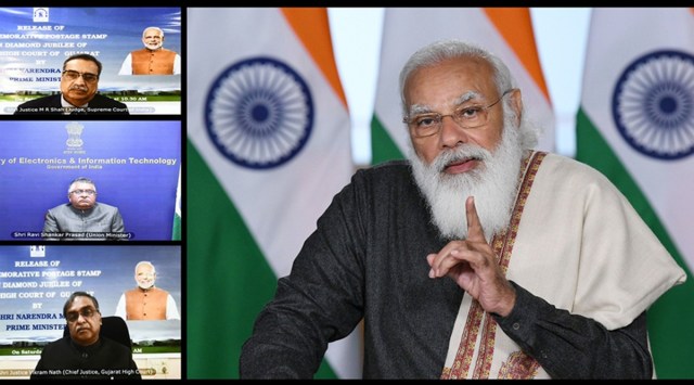 PM Modi during the virtual event to mark 60 years of the Gujarat High Court. (Twitter/PIB)