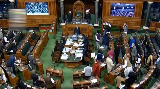 New Delhi: Opposition leaders stage a protest in Lok Sabha during the Budget Session of the Parliament, in New Delhi, Wednesday, Feb. 3, 2021. (LSTV/PTI Photo)(PTI02_03_2021_000195B)