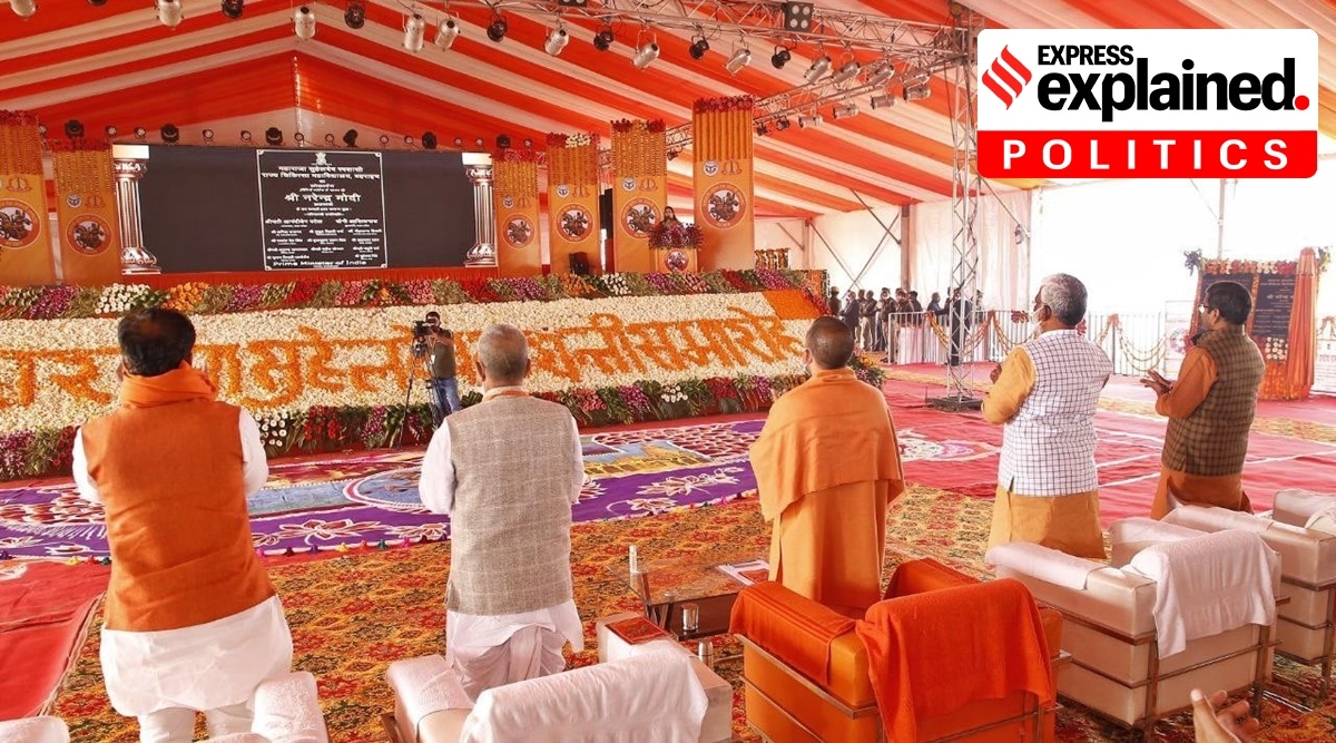 BJP leaders during the foundation stone laying ceremony of the statue of  Raja Suheldev in Bahraich district. (Twitter/BJP4UP)