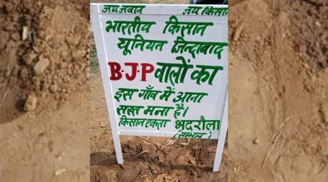 A sign outside Bardaula village in Sambhal. (Express)
