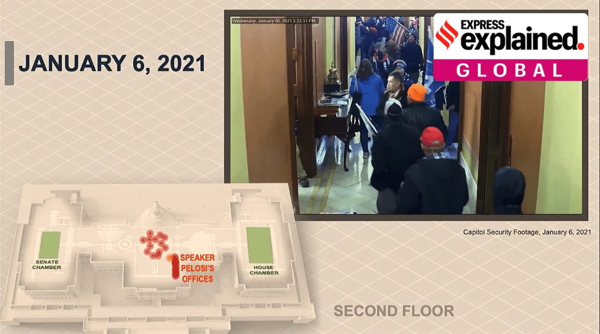 A security video showing rioters near House Speaker Nancy Pelosi of Calif., office, is played for senators as Del. Stacey Plaskett, D-Virgin Islands, speaks during the second impeachment trial of former President Donald Trump in the Senate at the U.S. Capitol in Washington. (AP)