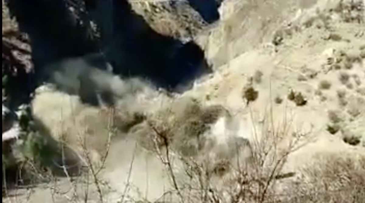 Nanda Devi glacier broke off in Chamoli district of Uttarakhand Sunday morning. (Photo: Videograb/ Twitter @Lalmani Verma)