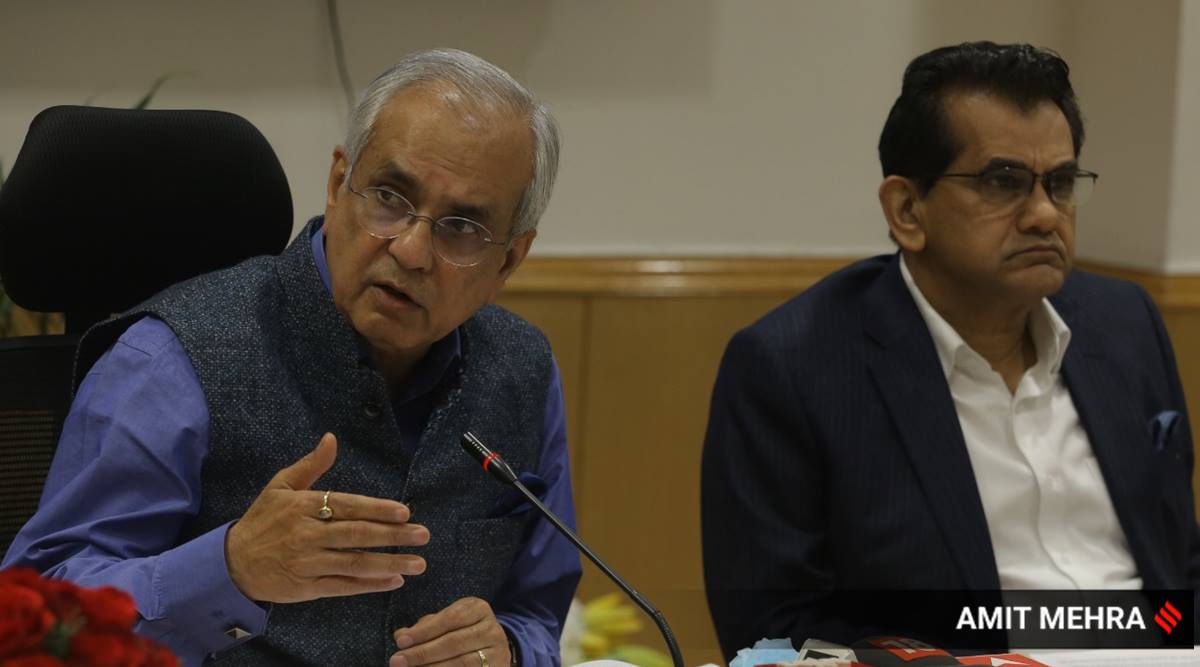 NITI Aayog vice-chairman Rajiv Kumar and CEO Amitabh Kant received the report. (Express photo by Amit Mehra)