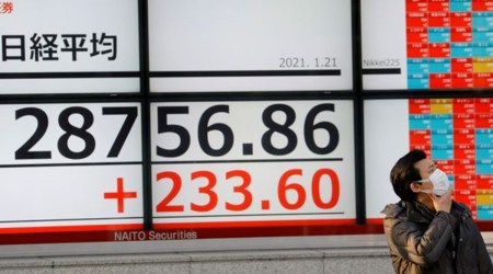 FILE PHOTO: A man wearing a protective mask, amid the coronavirus disease (COVID-19) outbreak, stands in front of an electric board showing Nikkei index outside a brokerage in Tokyo, Japan January 21, 2021. (REUTERS/Kim Kyung-Hoon/File Photo)